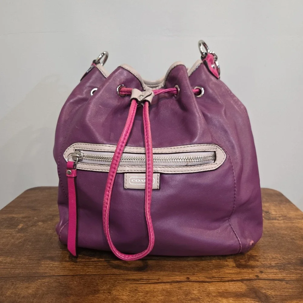 Coach Madison Purple Leather Drawstring Bucket Bag Pink Trim Hobo F25662 Medium